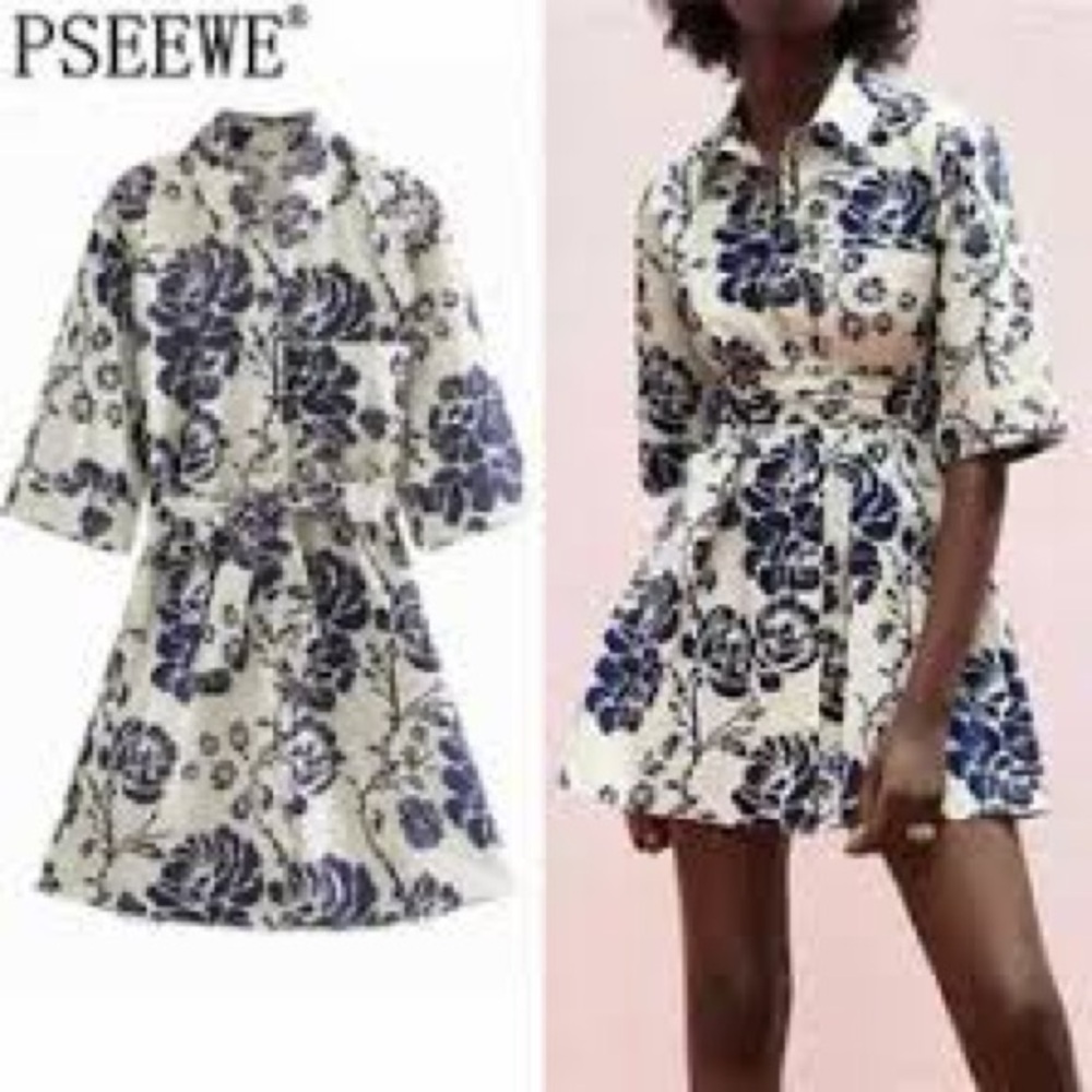 Zara White Mini Dress with Blue Floral Print
